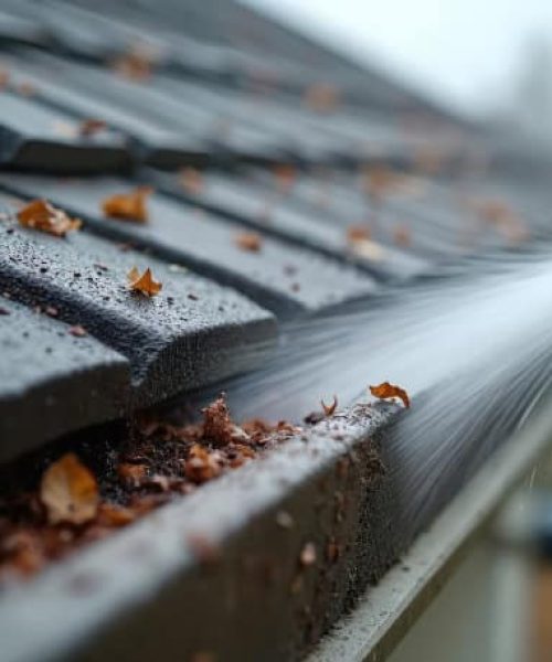 Person cleans roof gutters full of leaves and debris using a water jet from a hose. Water stream washes dirt away clearing blockage. Home maintenance task involves garden tool. Person cleans roof gutters full of leaves and debris using a water jet from a hose. Water stream washes dirt away clearing blockage. Home maintenance task involves, garden tool.